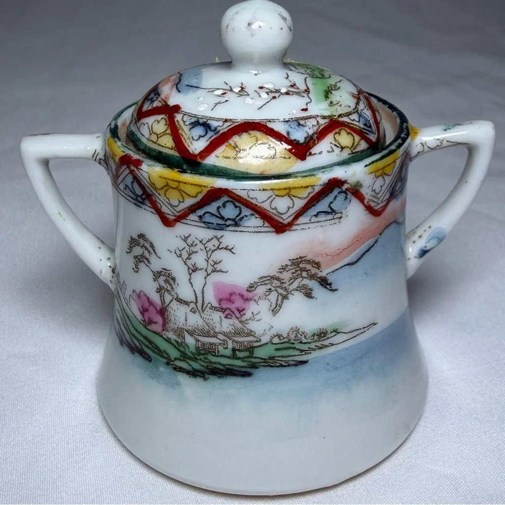 Antique Porcelain Nippon Mini Sugar Bowl Hand-Painted Japanese Scenic Geisha Art